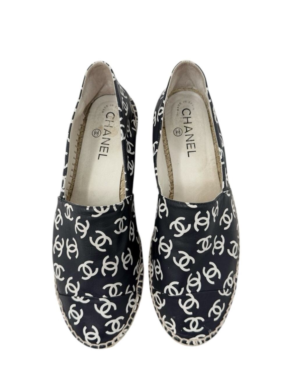 Chanel CC Monogram Logo Lambskin Leather Black White Espadrilles Size 40